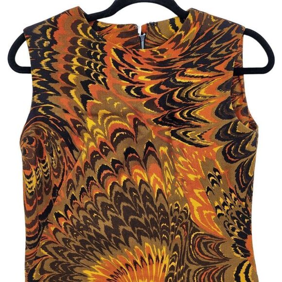 VTG 60's Dress Sleeveless Sheath Fiery Orange Psychedelic Burlap Tapestry Sz L - Picture 7 of 11